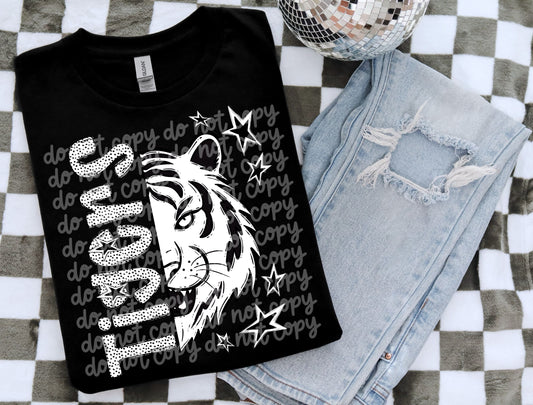 Tigers black and white polka dot mascot