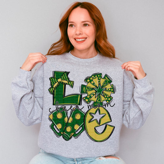 Love cheer mom green and gold bow