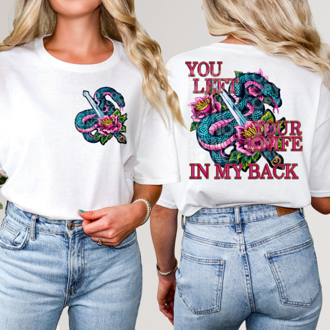 You left your knife in my back- add the pocket option to your cart if you want it