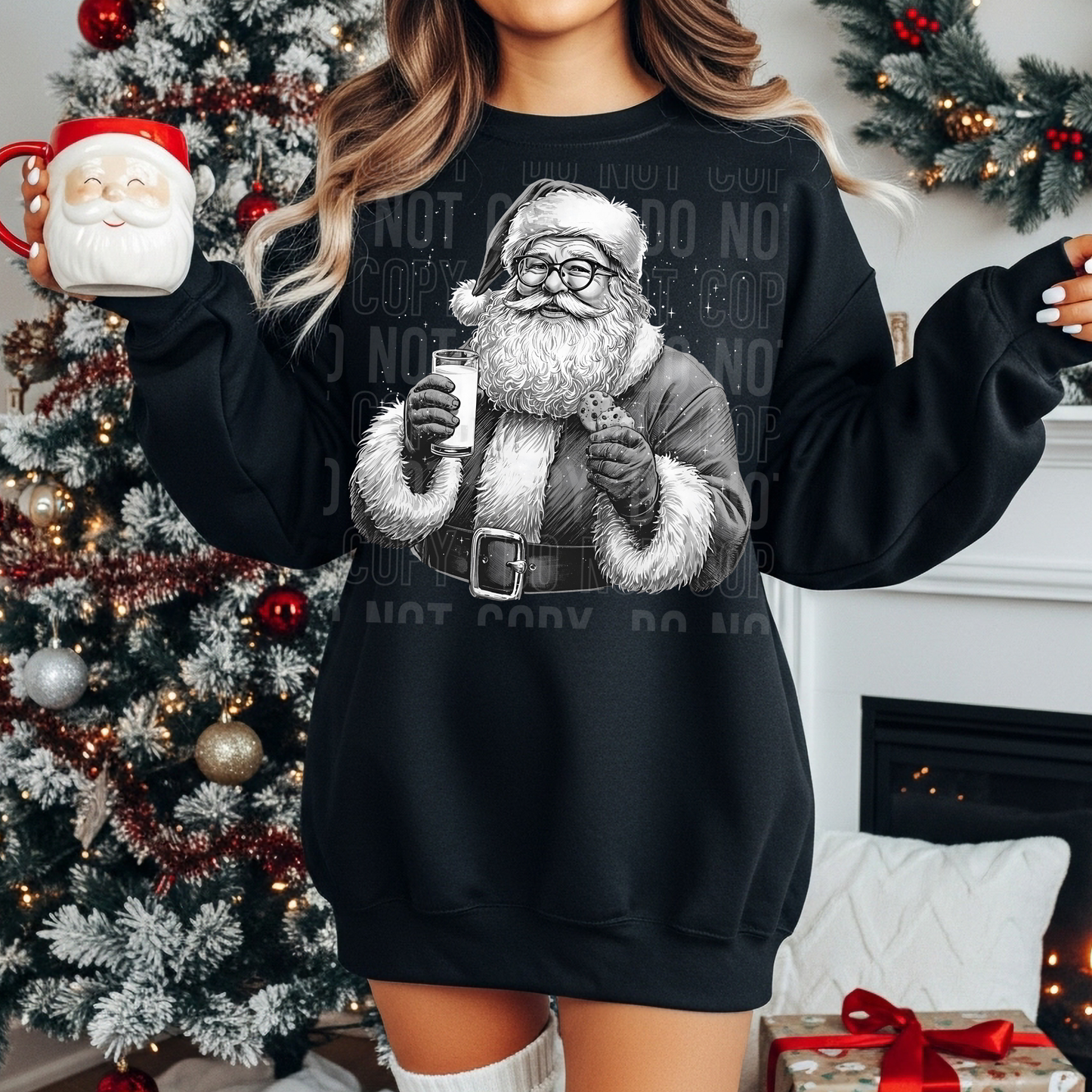 Santa black and white with milk and cookies