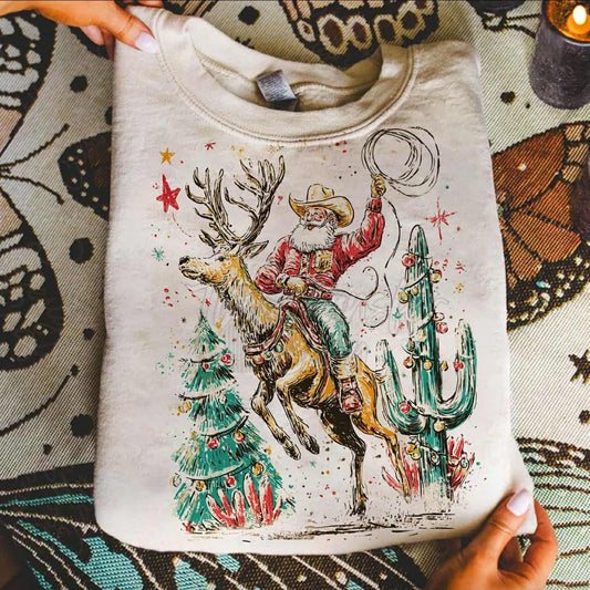 Western cowboy Santa riding reindeer