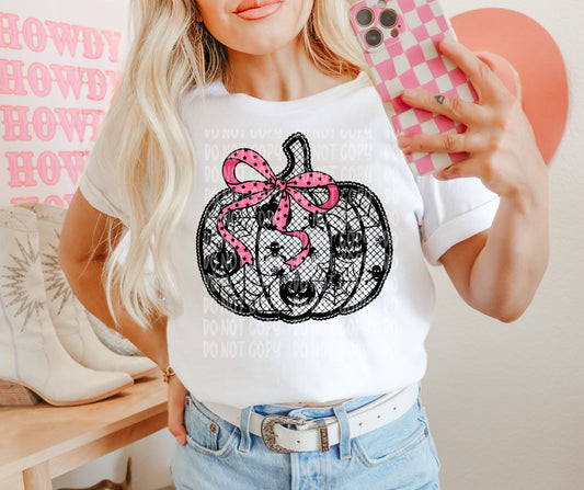 Black lace pumpkin with pink bow