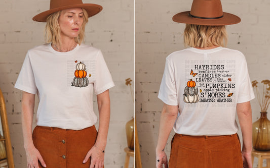 Hayrides bonfires leggings candles leaves, etc