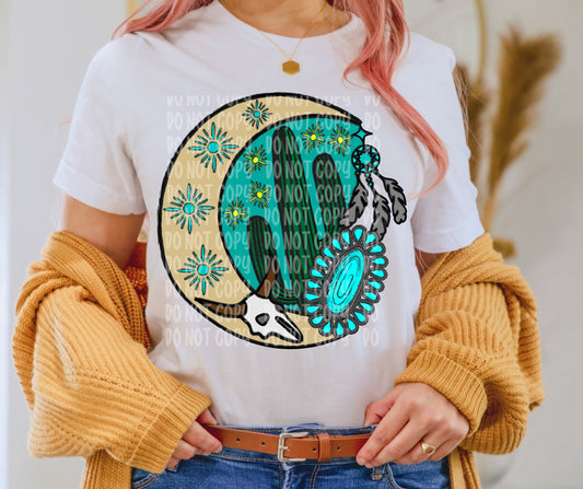 Western cactus with moon and skull