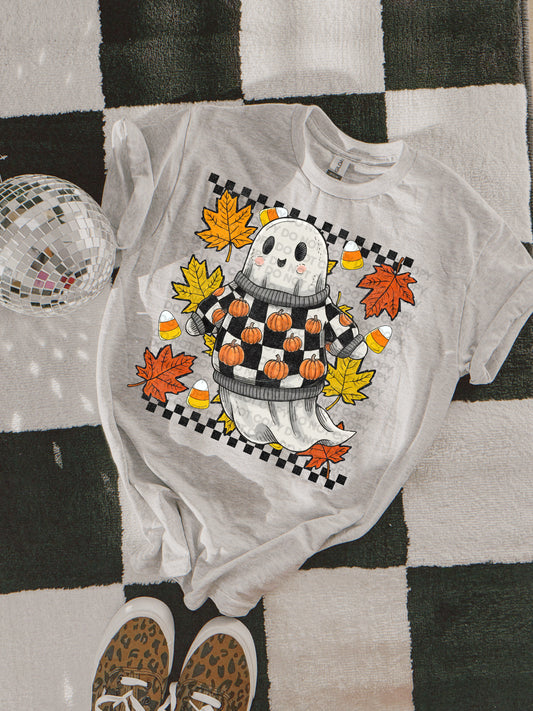 Ghost with pumpkin checkered sweater