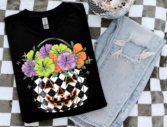 Checkered Halloween bucket with flowers