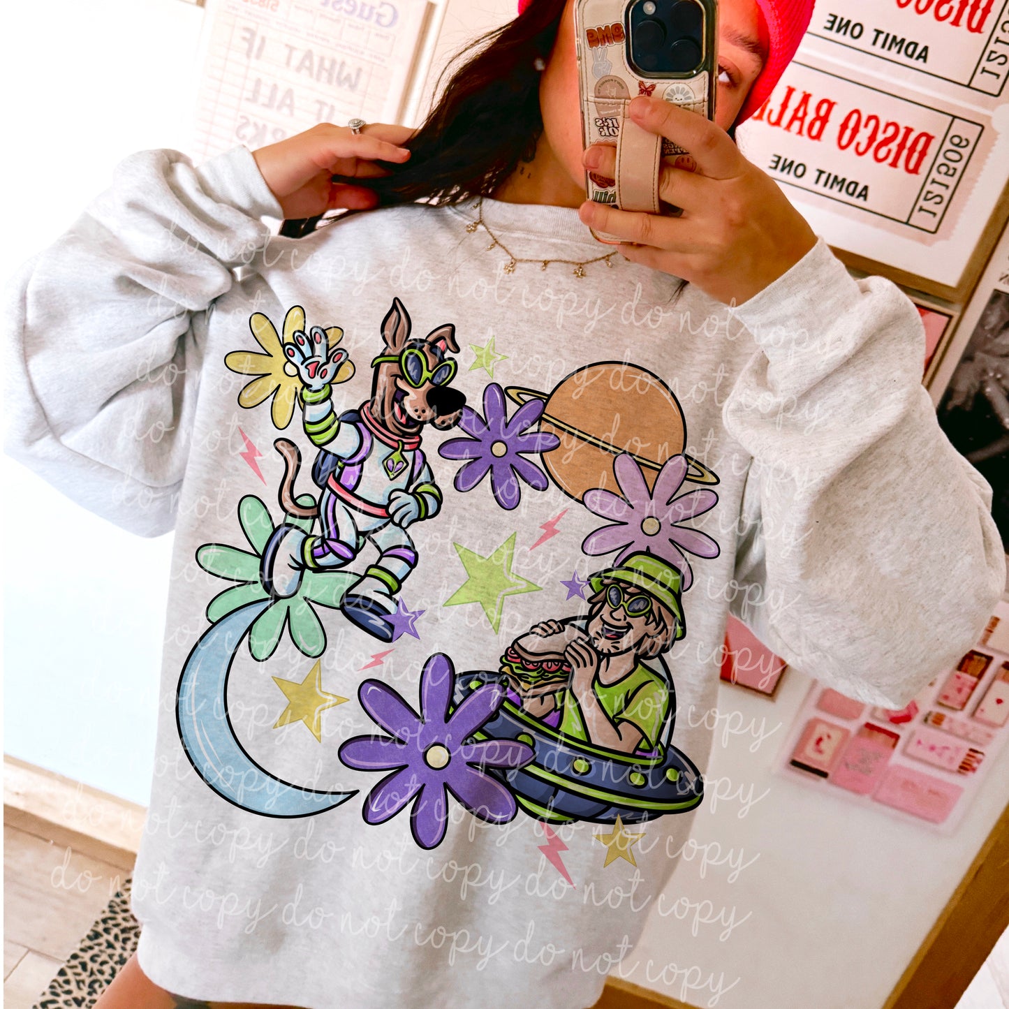 Retro dog in space with moon and stars