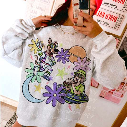 Retro dog in space with moon and stars