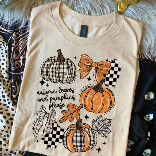Autumn leaves and pumpkins please with bow