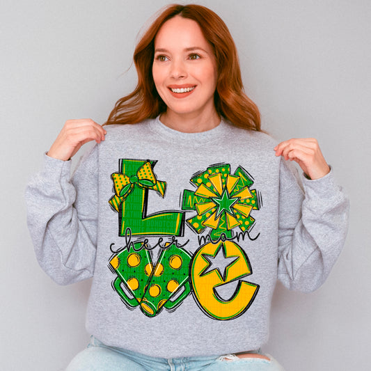 Love cheer mom green and yellow gold bow