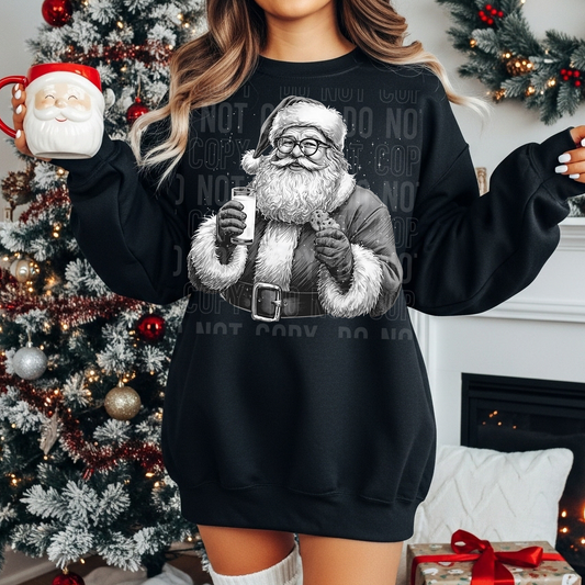 Santa black and white with milk and cookies