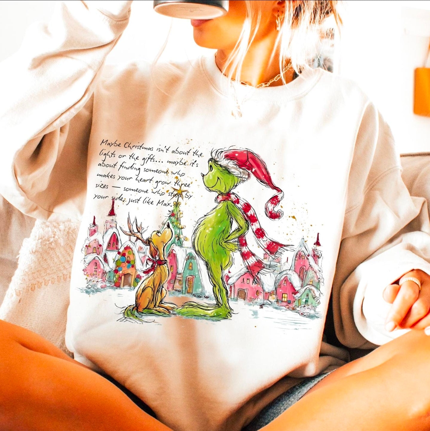 Max looking at green guy completed sweatshirt