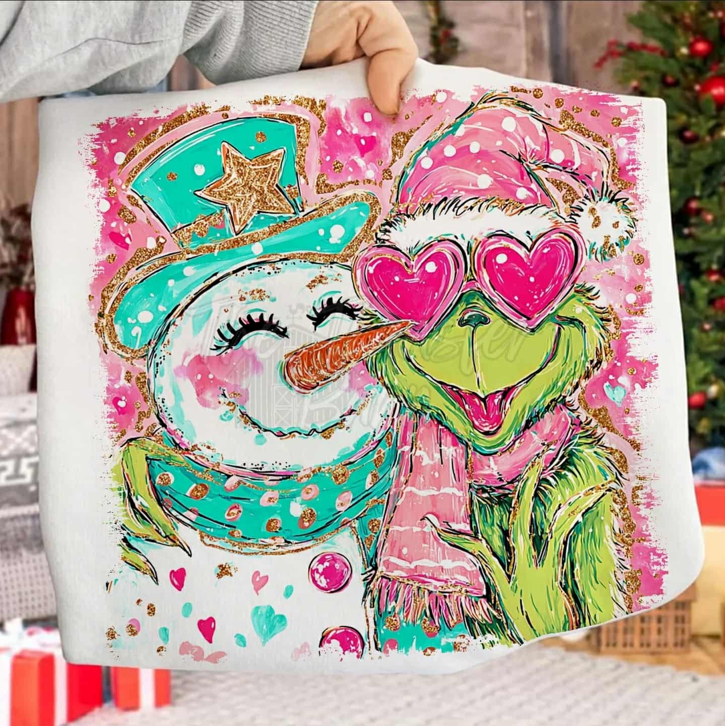Snowman and green guy with heart glasses